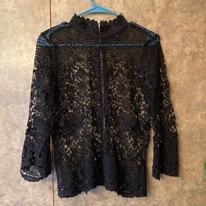 BOLD ELEMENTS Blouse Black Sheer Lace Back-Zip Bell Sleeves Chic Goth Size M